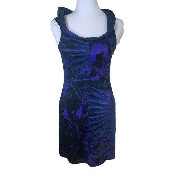 Theory Size 2 Benja Watercolor Sheath Dress Blue Draped Cowl Neck Cocktail - Picture 2 of 10